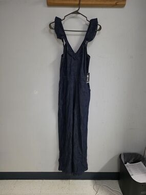Express Dark Blue Denim Wide-Leg Jumpsuit